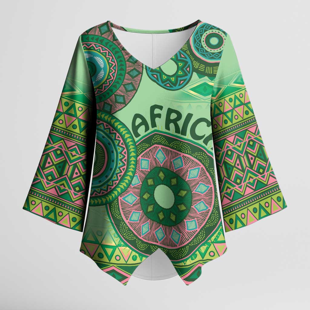 Africa Tribal Traditional Pattern Kimono Sleeve Blouse Green Motif