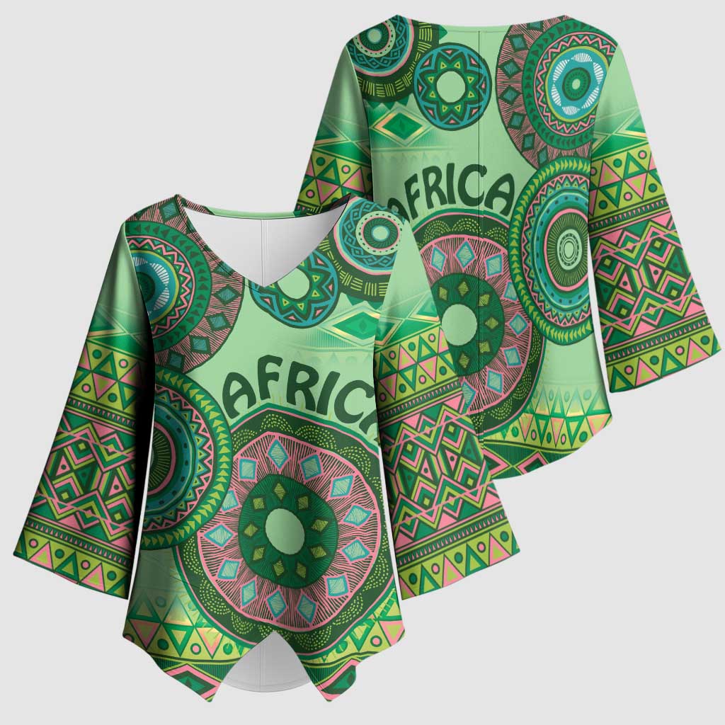 Africa Tribal Traditional Pattern Kimono Sleeve Blouse Green Motif