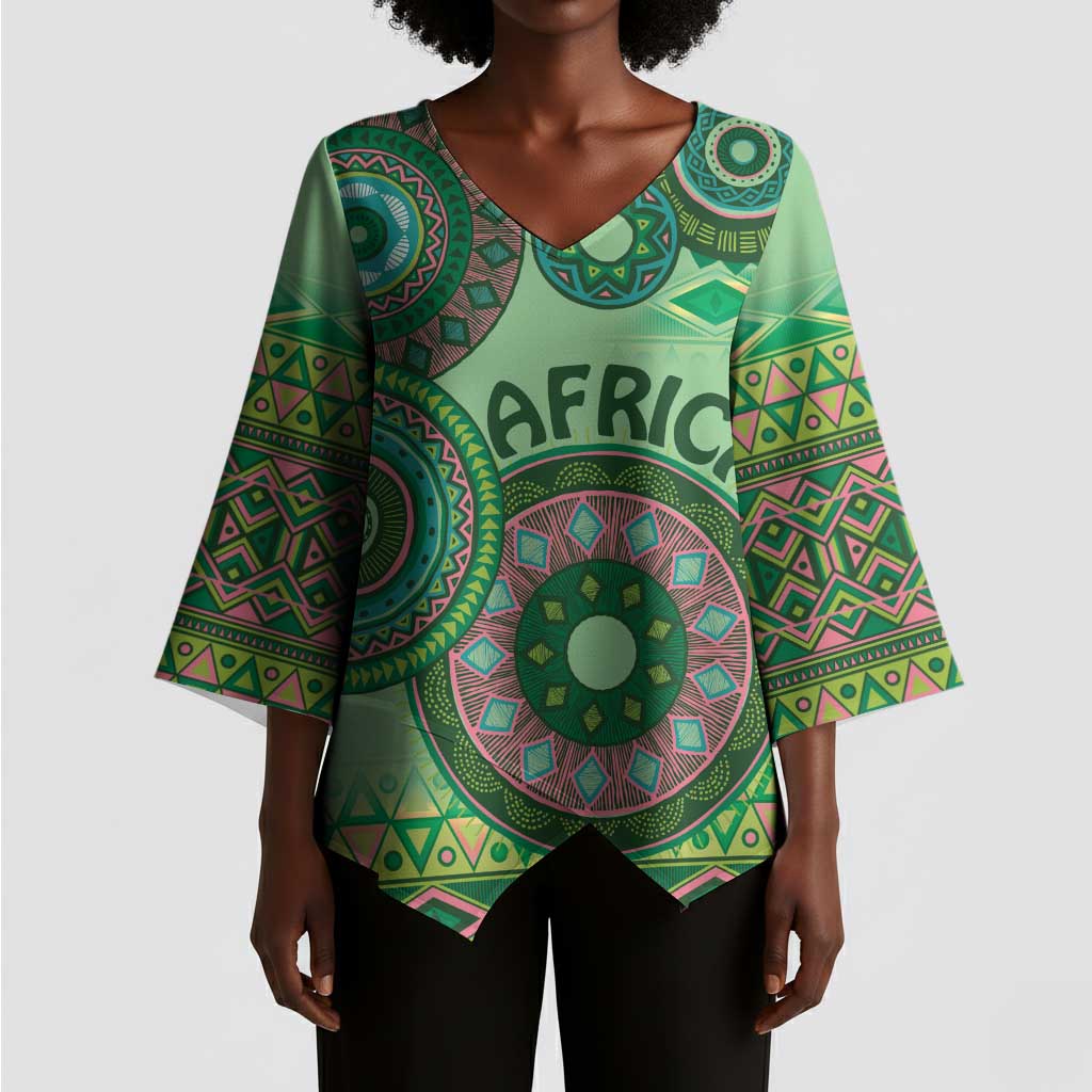 Africa Tribal Traditional Pattern Kimono Sleeve Blouse Green Motif