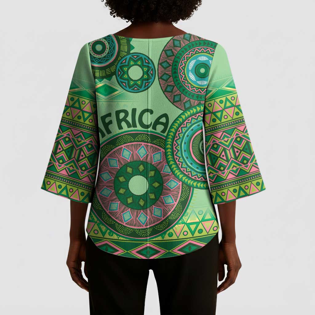 Africa Tribal Traditional Pattern Kimono Sleeve Blouse Green Motif
