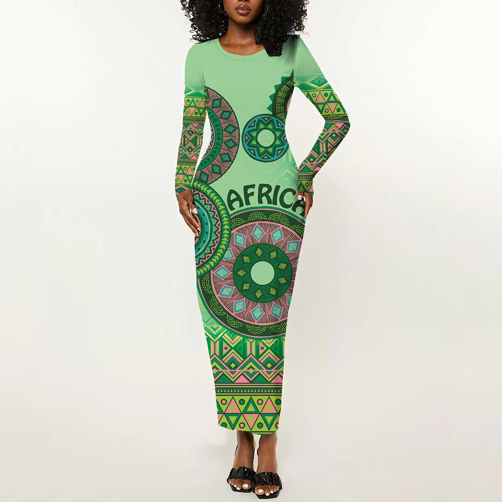 Afro Tribal Traditional Pattern Long Sleeve Bodycon Dress Green Motif LT9