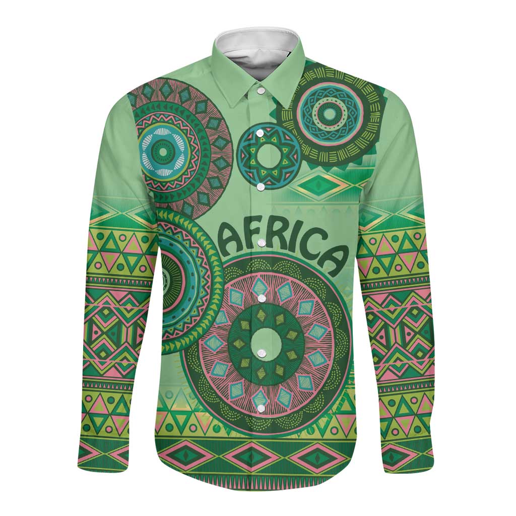 Afro Tribal Traditional Pattern Long Sleeve Button Shirt Green Motif