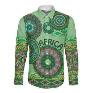 Afro Tribal Traditional Pattern Long Sleeve Button Shirt Green Motif
