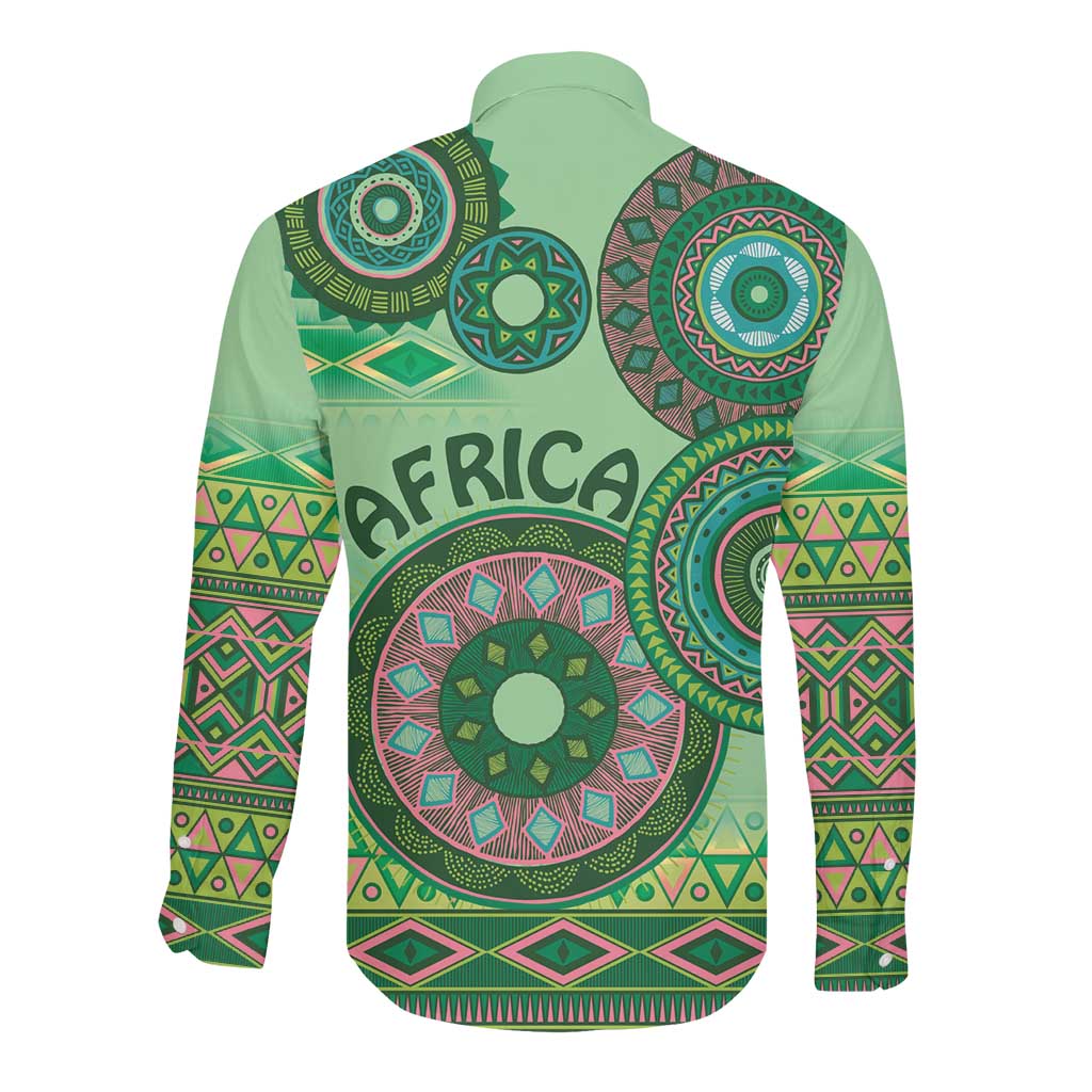 Afro Tribal Traditional Pattern Long Sleeve Button Shirt Green Motif