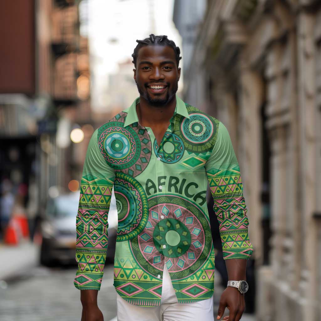 Afro Tribal Traditional Pattern Long Sleeve Button Shirt Green Motif