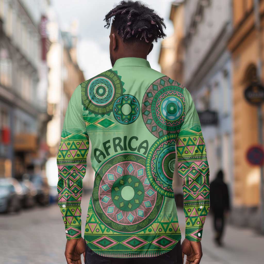 Afro Tribal Traditional Pattern Long Sleeve Button Shirt Green Motif