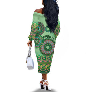 Afro Tribal Traditional Pattern Off The Shoulder Long Sleeve Dress Green Motif