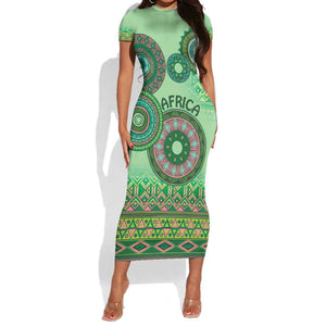 Afro Tribal Traditional Pattern Short Sleeve Bodycon Dress Green Motif LT9