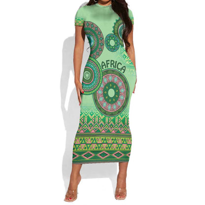 Afro Tribal Traditional Pattern Short Sleeve Bodycon Dress Green Motif LT9