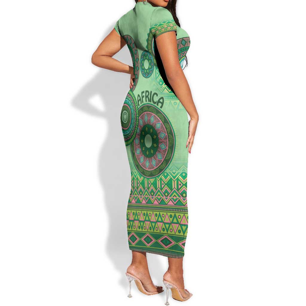 Afro Tribal Traditional Pattern Short Sleeve Bodycon Dress Green Motif LT9