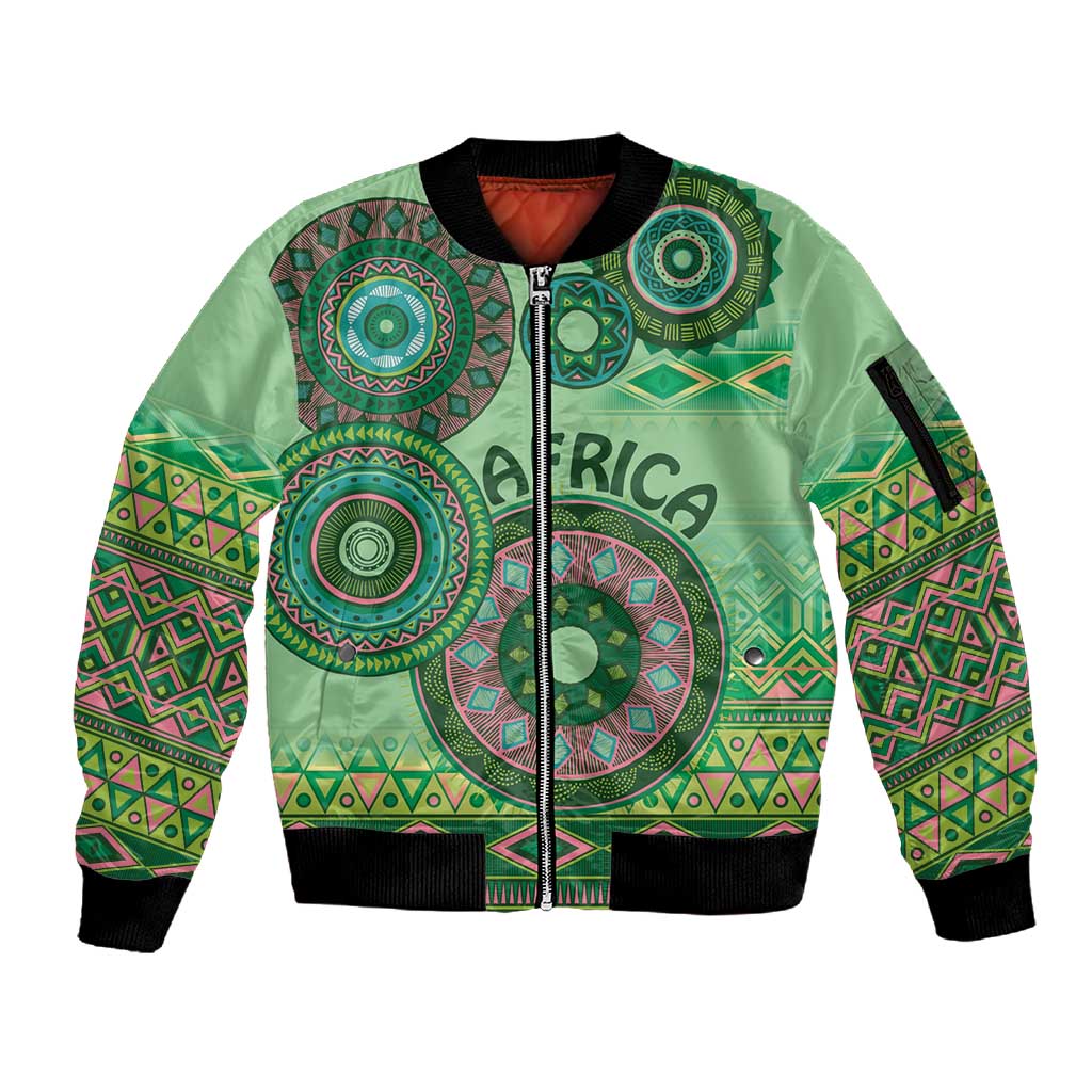 Afro Tribal Traditional Pattern Sleeve Zip Bomber Jacket Green Motif