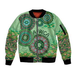 Afro Tribal Traditional Pattern Sleeve Zip Bomber Jacket Green Motif