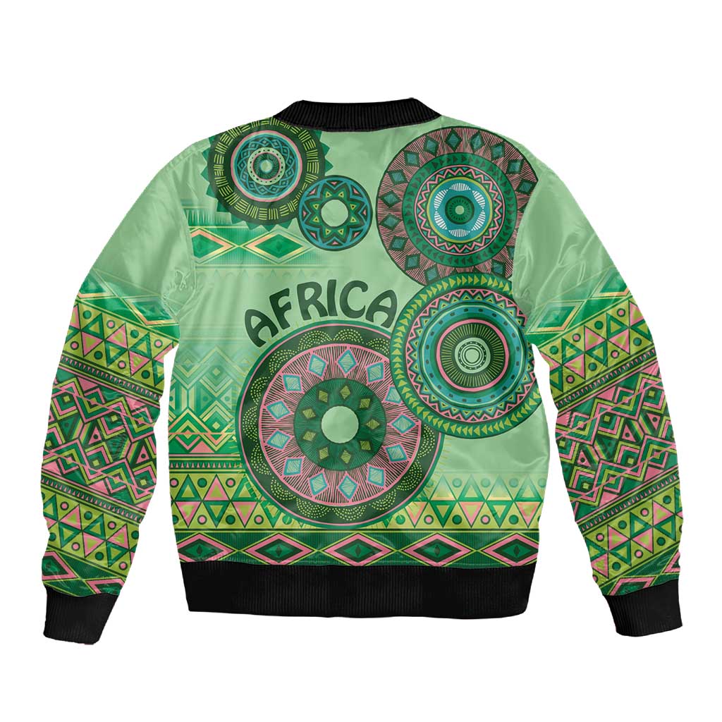 Afro Tribal Traditional Pattern Sleeve Zip Bomber Jacket Green Motif