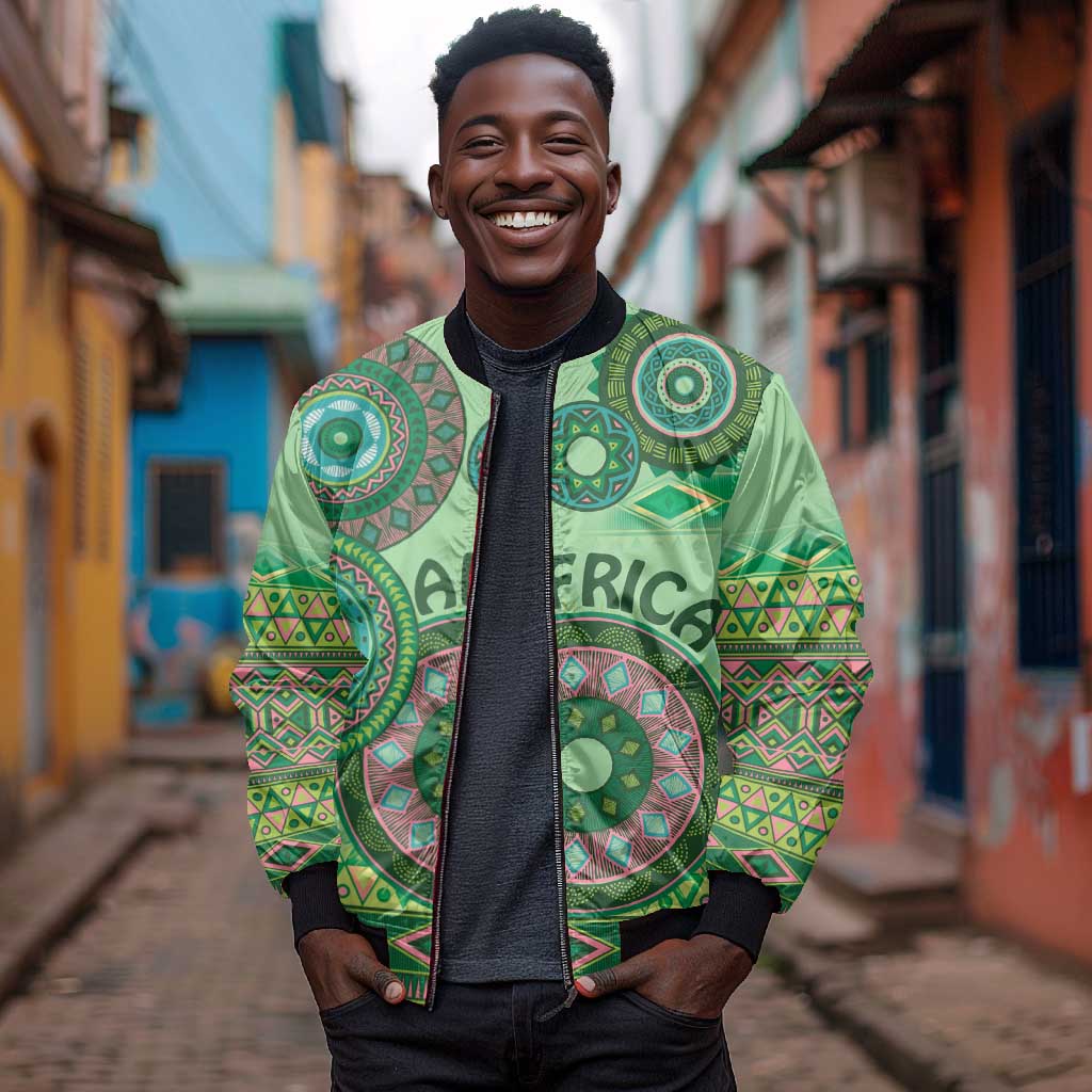 Afro Tribal Traditional Pattern Sleeve Zip Bomber Jacket Green Motif