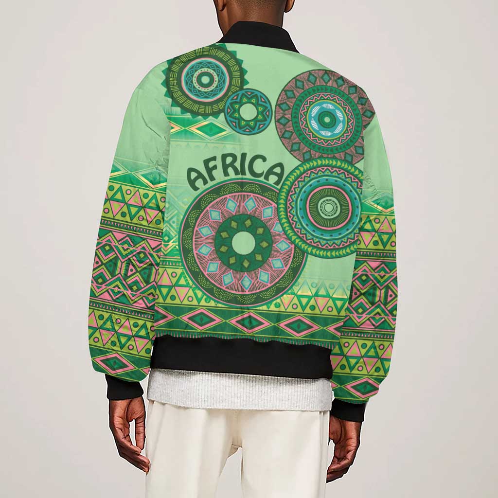 Afro Tribal Traditional Pattern Sleeve Zip Bomber Jacket Green Motif