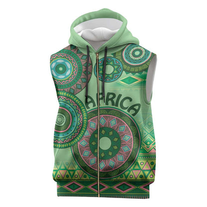 Afro Tribal Traditional Pattern Sleeveless Zip Hoodie Green Motif - African Pride