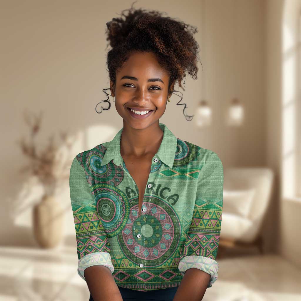 Afro Tribal Traditional Pattern Women Casual Shirt Green Motif LT9