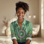 Afro Tribal Traditional Pattern Women Casual Shirt Green Motif LT9