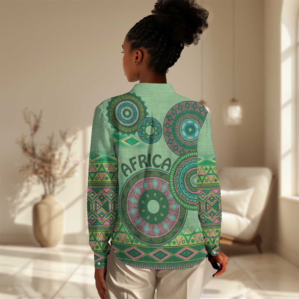 Afro Tribal Traditional Pattern Women Casual Shirt Green Motif LT9