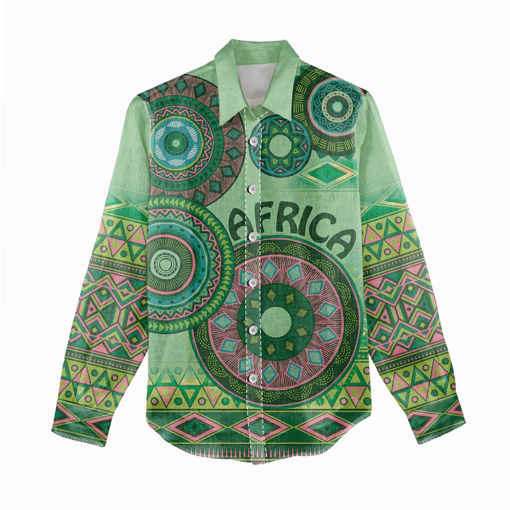 Afro Tribal Traditional Pattern Women Casual Shirt Green Motif LT9