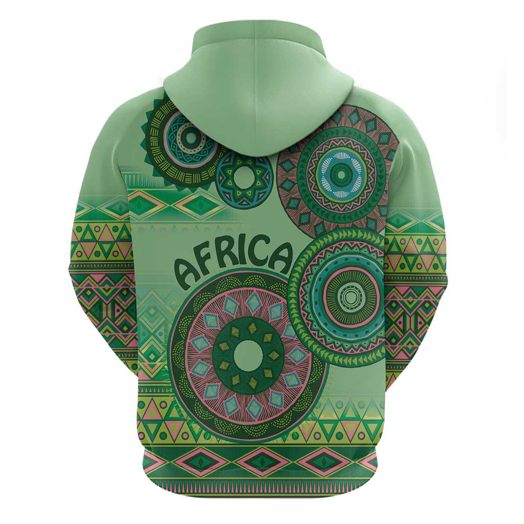 Afro Tribal Traditional Pattern Zip Hoodie Green Motif