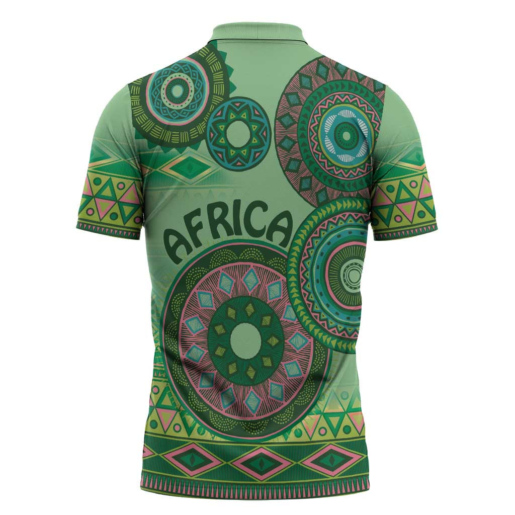 Africa Tribal Traditional Pattern Zipper Polo Shirt Green Motif