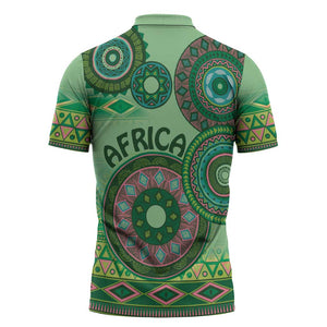 Africa Tribal Traditional Pattern Zipper Polo Shirt Green Motif