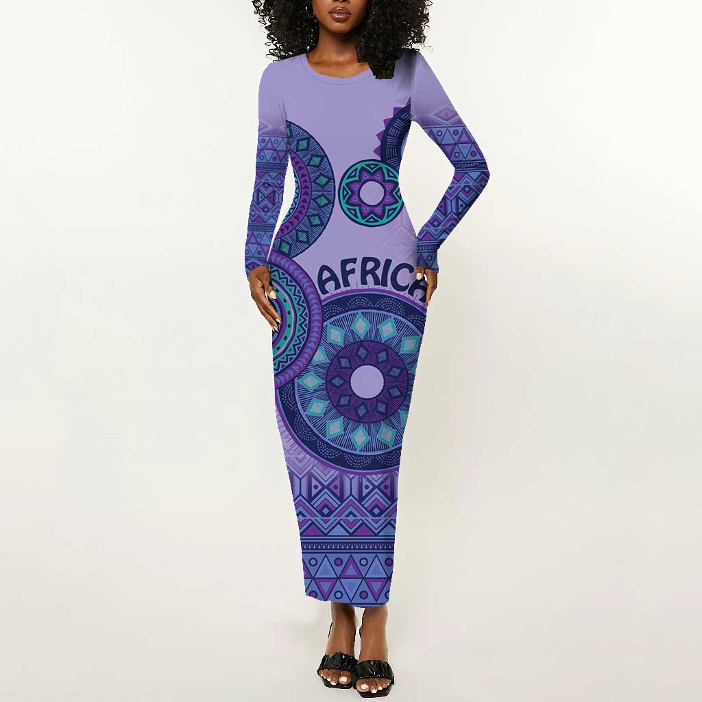 Afro Tribal Traditional Pattern Long Sleeve Bodycon Dress Purple Motif LT9