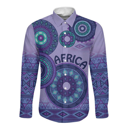 Afro Tribal Traditional Pattern Long Sleeve Button Shirt Purple Motif