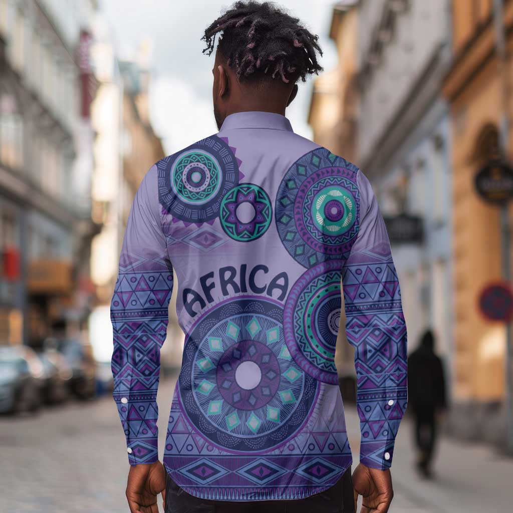 Afro Tribal Traditional Pattern Long Sleeve Button Shirt Purple Motif