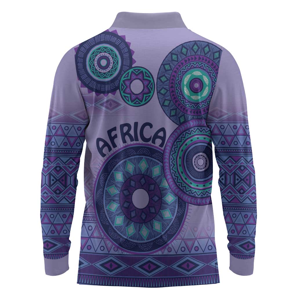 Afro Tribal Traditional Pattern Long Sleeve Polo Shirt Purple Motif