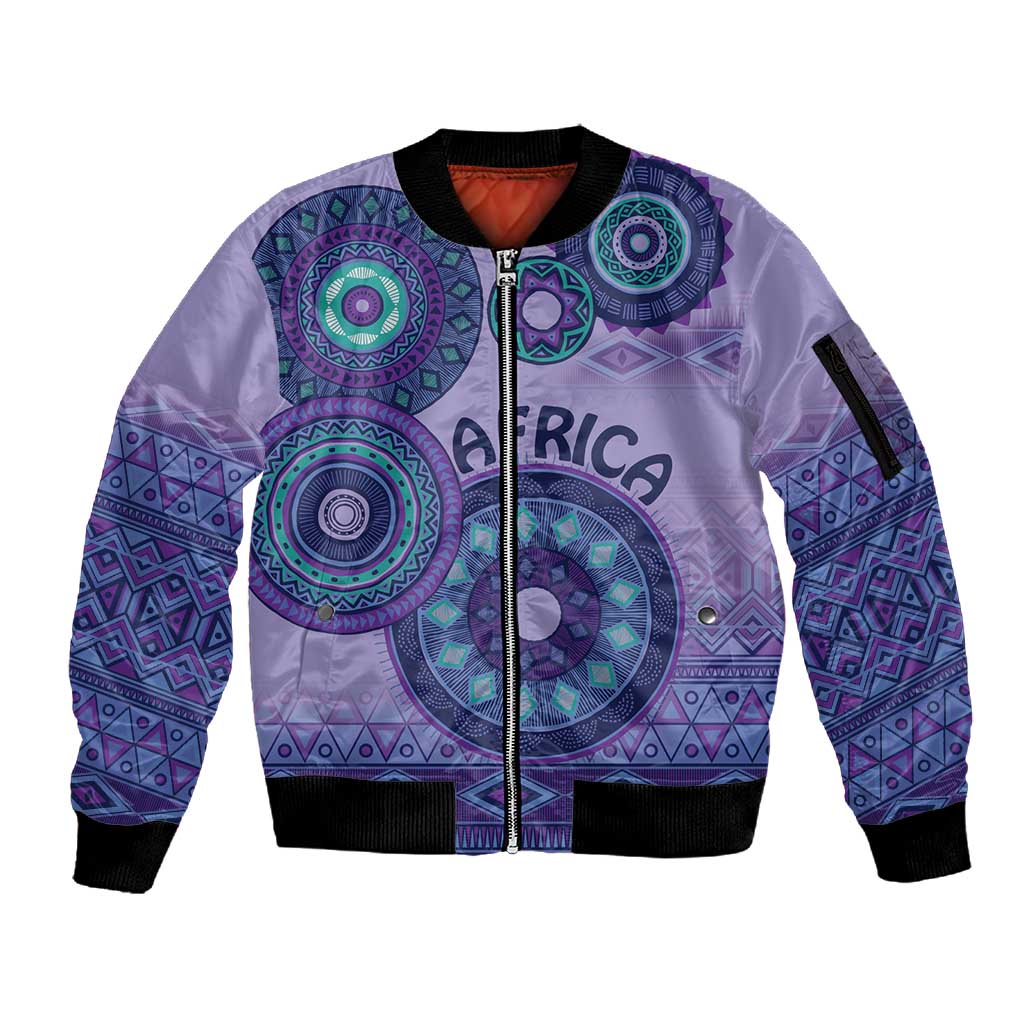 Afro Tribal Traditional Pattern Sleeve Zip Bomber Jacket Purple Motif