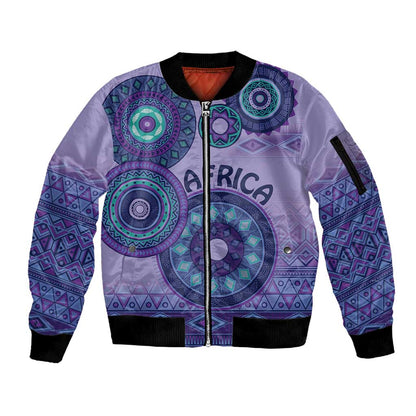 Afro Tribal Traditional Pattern Sleeve Zip Bomber Jacket Purple Motif