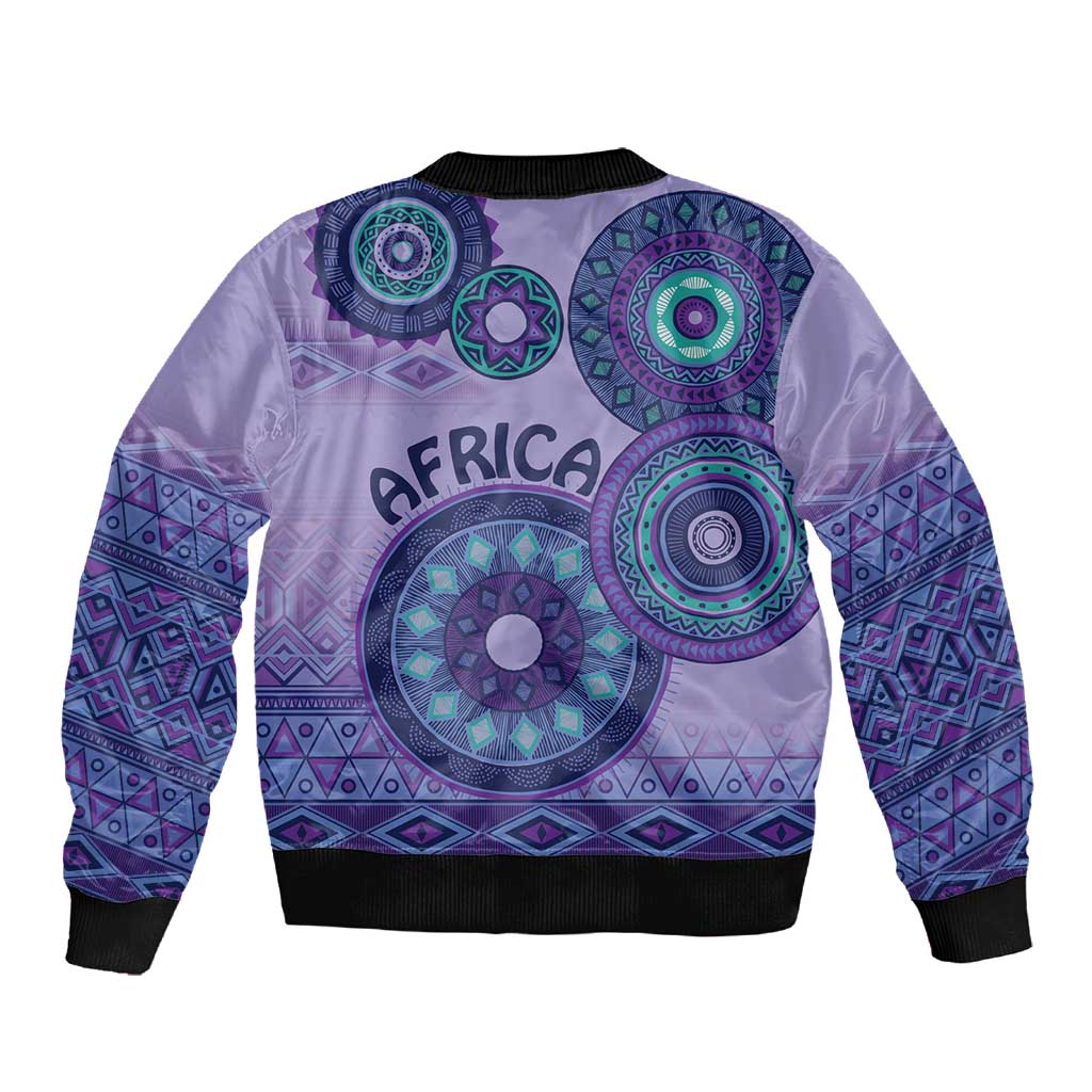 Afro Tribal Traditional Pattern Sleeve Zip Bomber Jacket Purple Motif