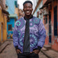 Afro Tribal Traditional Pattern Sleeve Zip Bomber Jacket Purple Motif