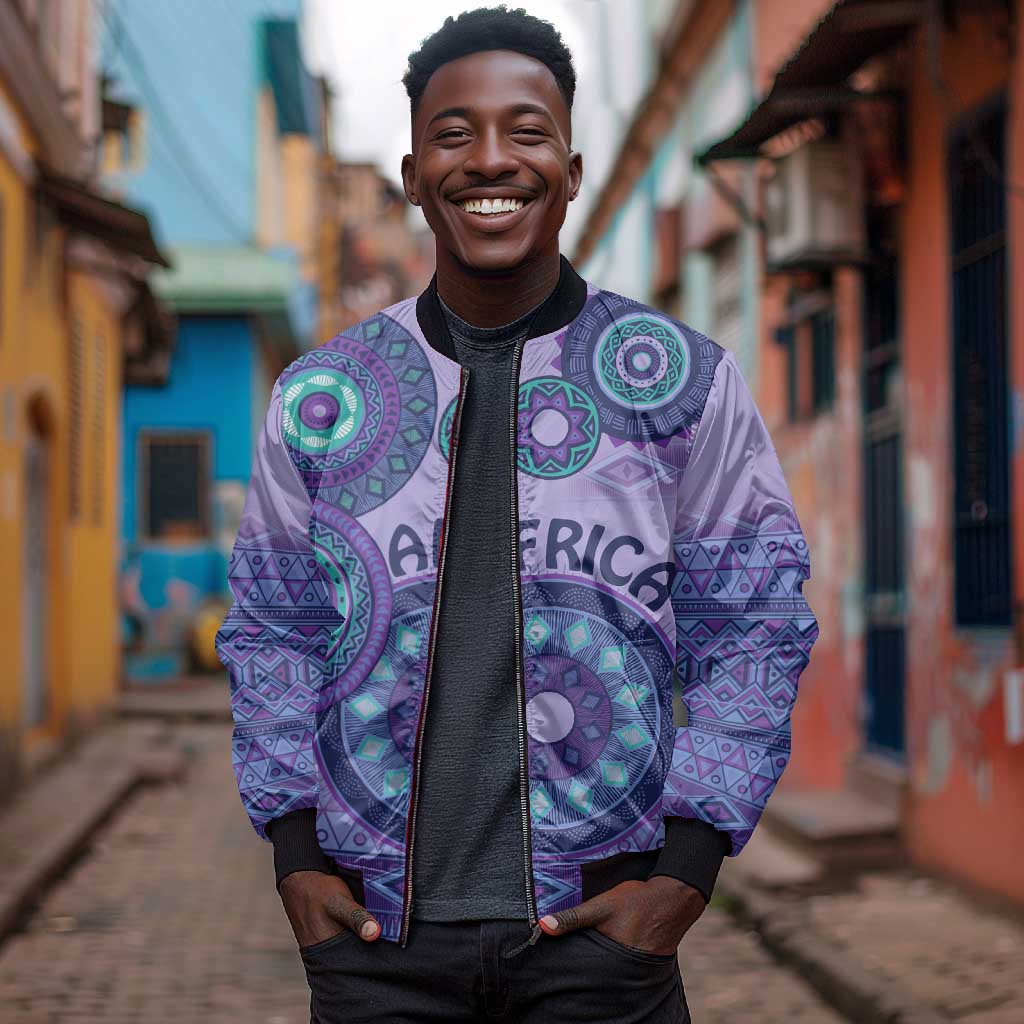 Afro Tribal Traditional Pattern Sleeve Zip Bomber Jacket Purple Motif