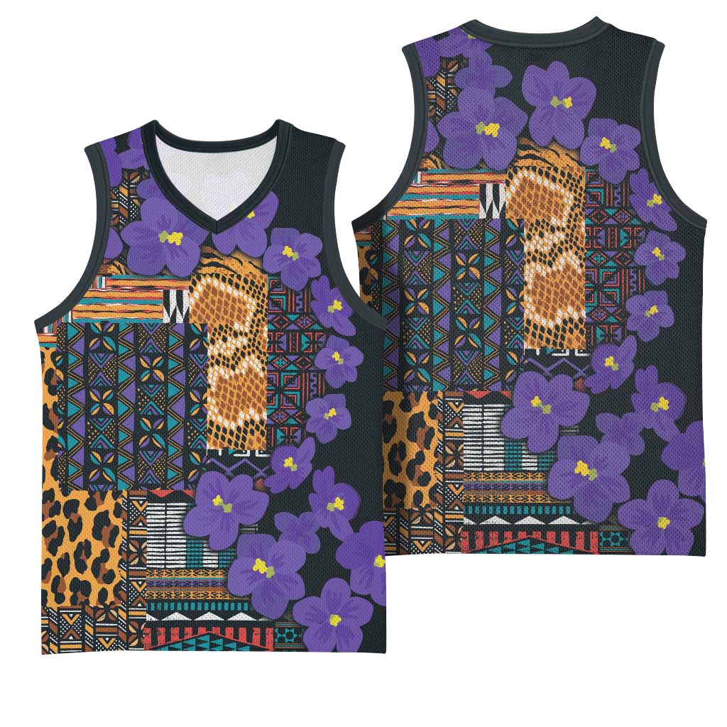 Afro Violets Flowers Basketball Jersey Mix Native Tribal Pattern - African Pride