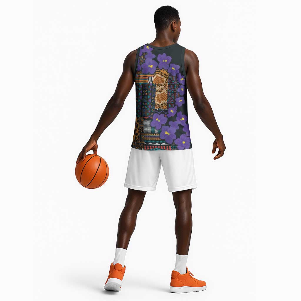 Afro Violets Flowers Basketball Jersey Mix Native Tribal Pattern - African Pride