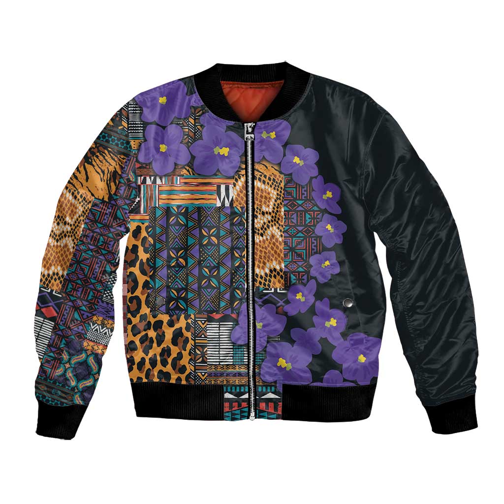 Afro Violets Flowers Bomber Jacket Mix Native Tribal Pattern