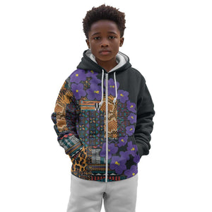Afro Violets Flowers Kid Hoodie Mix Native Tribal Pattern