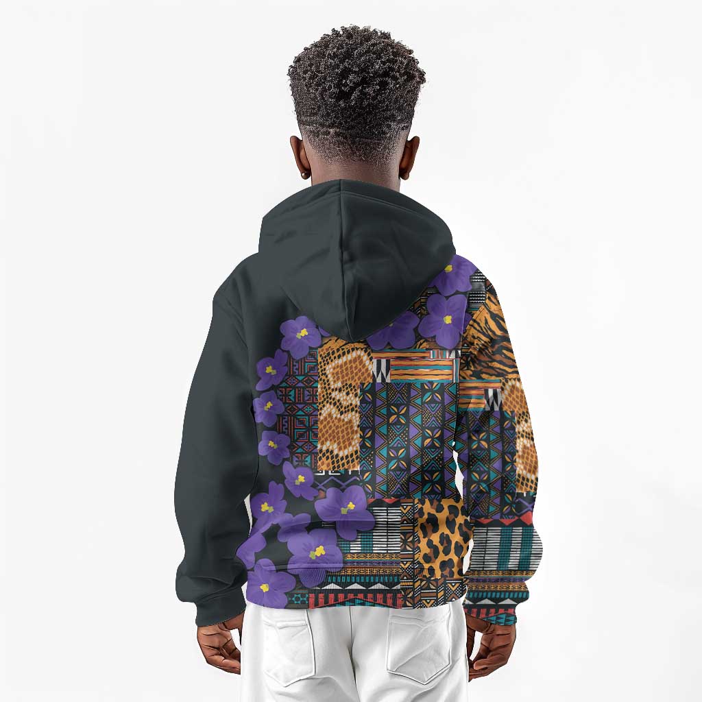 Afro Violets Flowers Kid Hoodie Mix Native Tribal Pattern