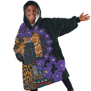 Afro Violets Flowers KId Wearable Blanket Hoodie Mix Native Tribal Pattern