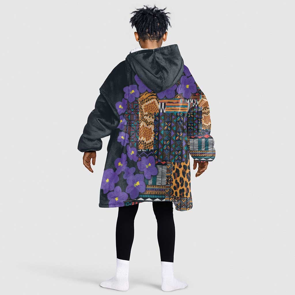 Afro Violets Flowers KId Wearable Blanket Hoodie Mix Native Tribal Pattern