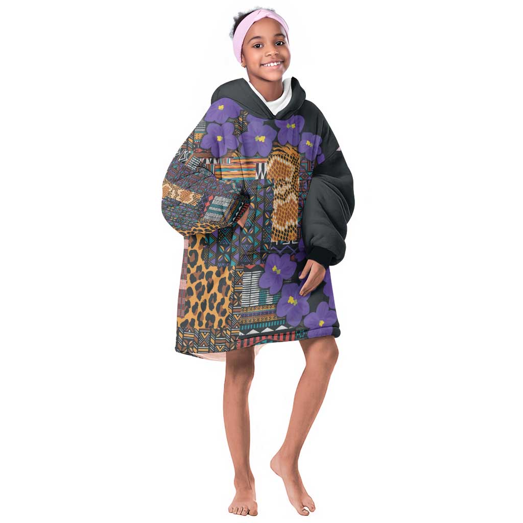 Afro Violets Flowers KId Wearable Blanket Hoodie Mix Native Tribal Pattern