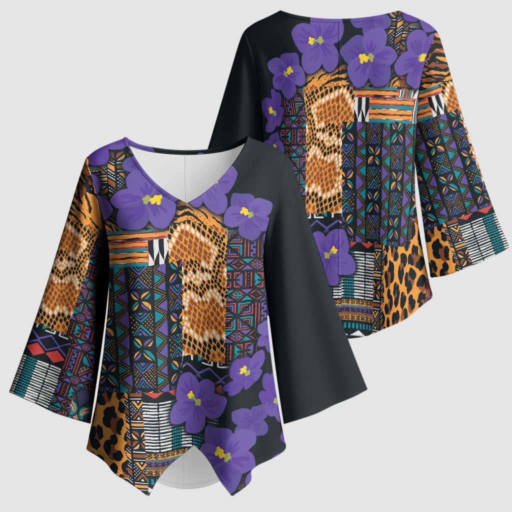 Africa Violets Flowers Kimono Sleeve Blouse Mix Native Tribal Pattern