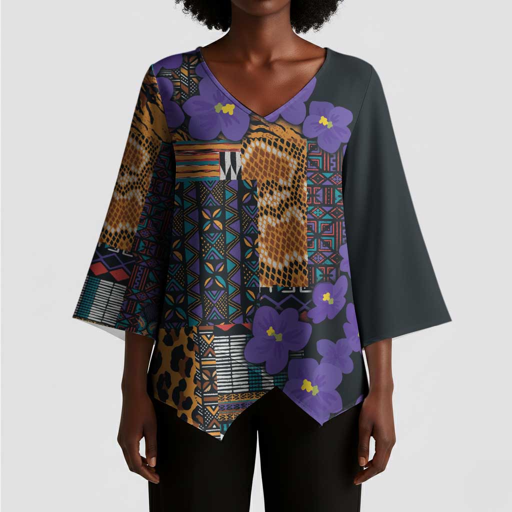 Africa Violets Flowers Kimono Sleeve Blouse Mix Native Tribal Pattern