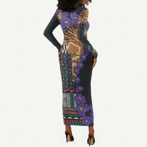 Afro Violets Flowers Long Sleeve Bodycon Dress Mix Native Tribal Pattern LT9