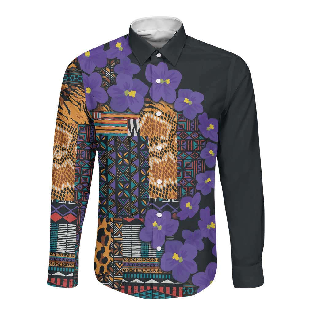 Afro Violets Flowers Long Sleeve Button Shirt Mix Native Tribal Pattern