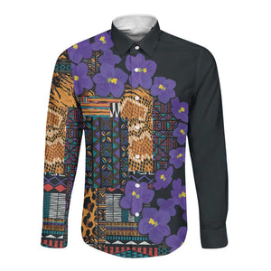 Afro Violets Flowers Long Sleeve Button Shirt Mix Native Tribal Pattern
