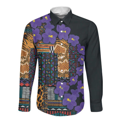 Afro Violets Flowers Long Sleeve Button Shirt Mix Native Tribal Pattern